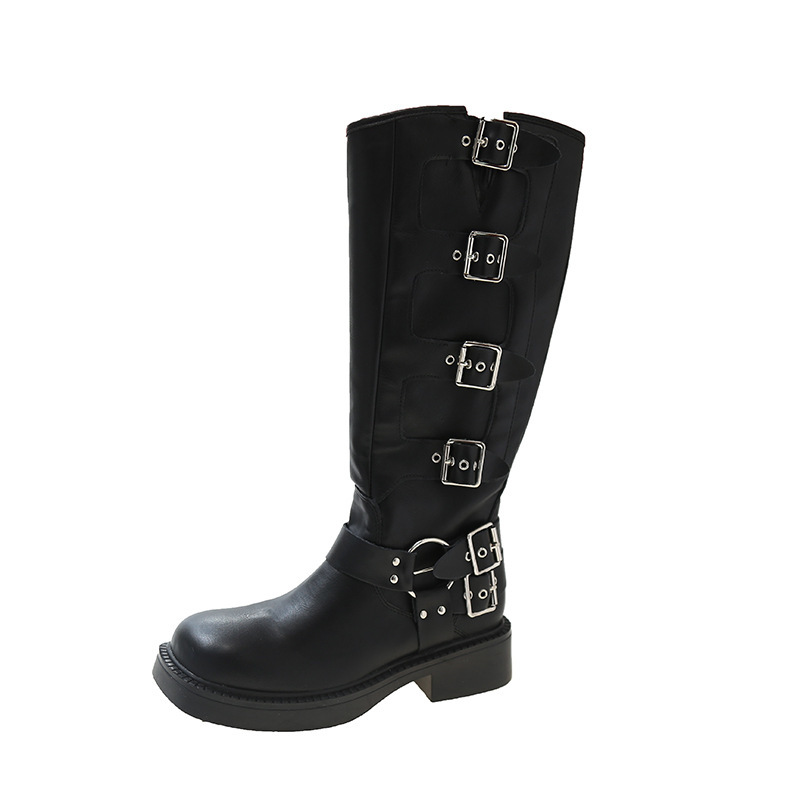 Faux Leather Buckle Detail Pointed Toe Knee High Boots  |  Womens Boots Boots Boots