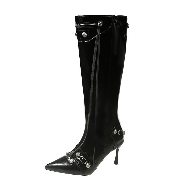 Faux Leather Buckle & Zip Detail Knee High Boots  |  Womens Boots Boots Boots