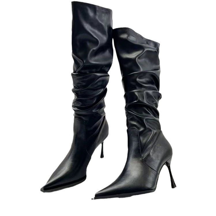 Faux Leather Ruched Knee High Boots  |  Womens Boots Boots Boots