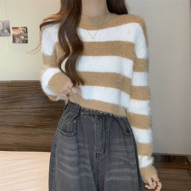 Fluffy Stripe V Neck Knit Sweater  |  Womens Sweaters Clothing Sweaters