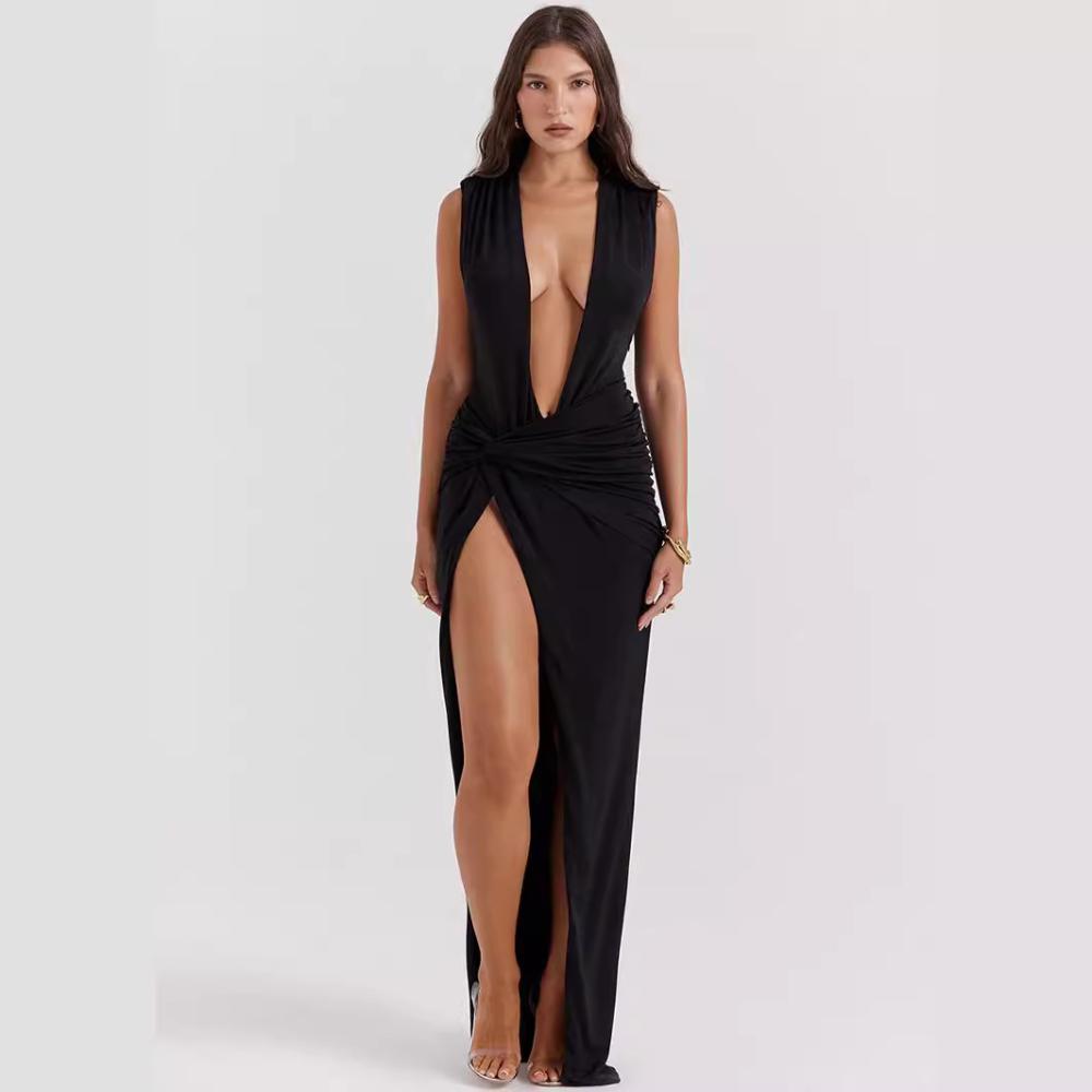 Plunging V-Neckline Split Midi Dress  |  Womens Dresses Clothing Dresses