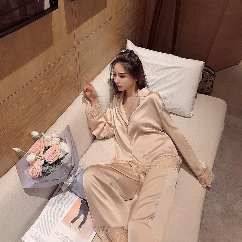 Satin Contrast Lace Long Sleeve Pajama Pants Set  |  Womens Sleepwear Clothing Sleepwear