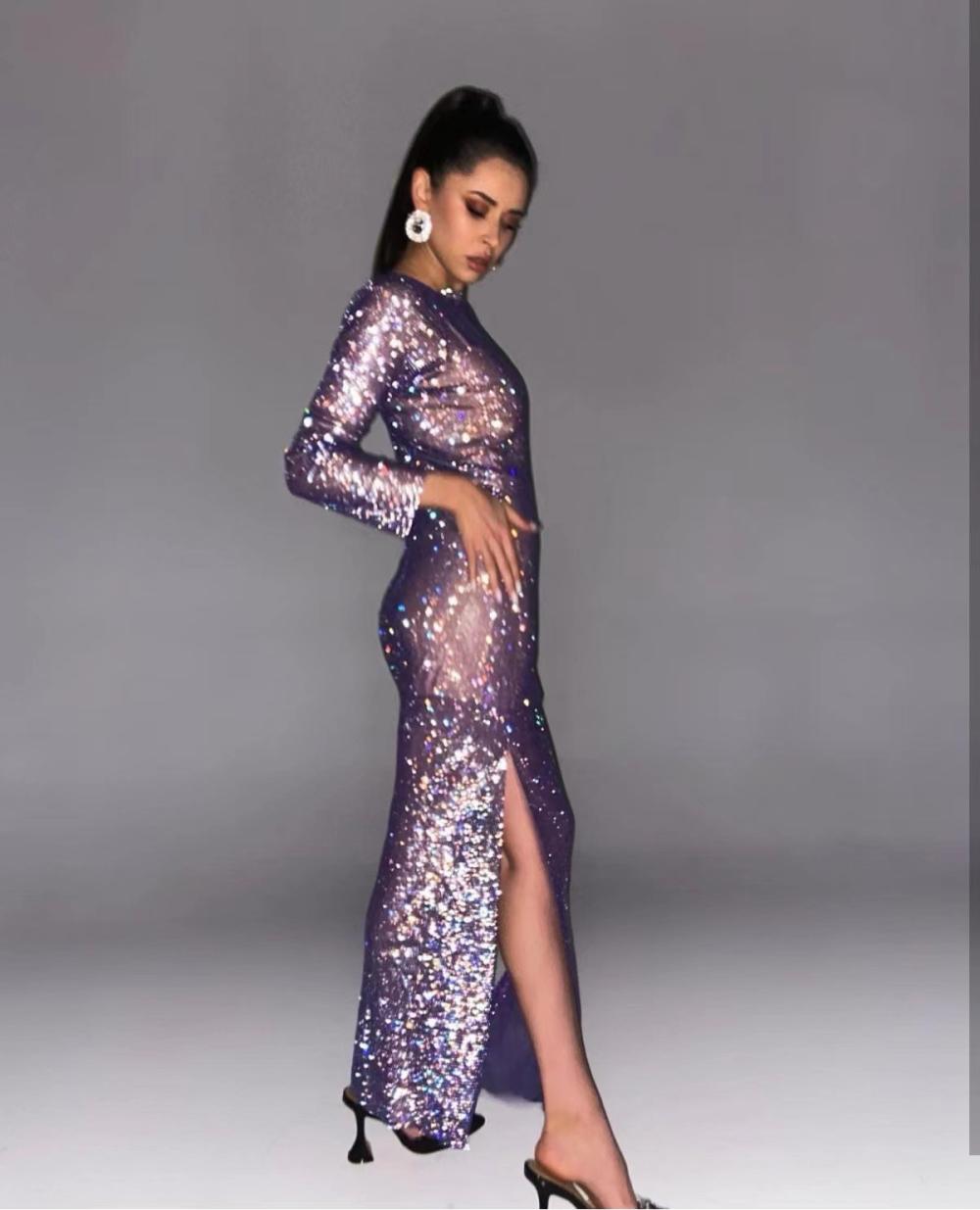 Sequin Sheer Long Sleeve Maxi Dress  |  Womens Dresses Clothing Dresses